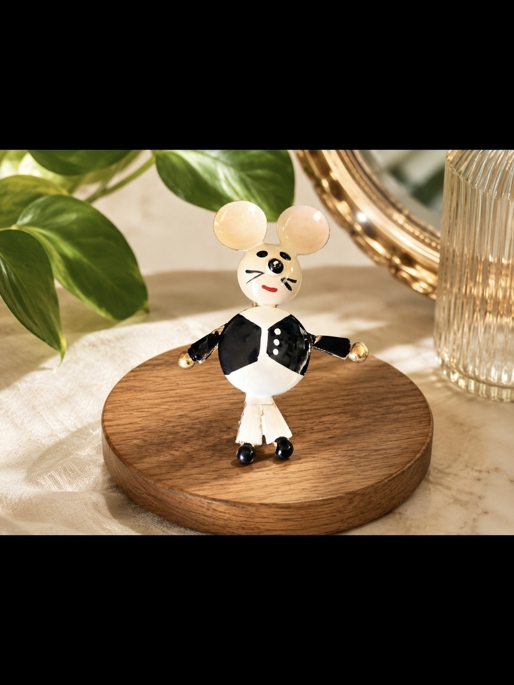 Whimsical Black & White Metal Mouse Brooch